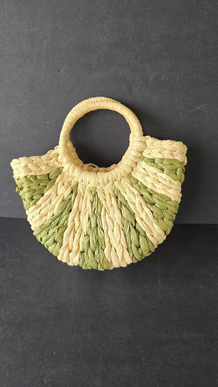 Top Handle Bag Womens Small Beige Green Straw Woven Half Moon Beach Purse Boho